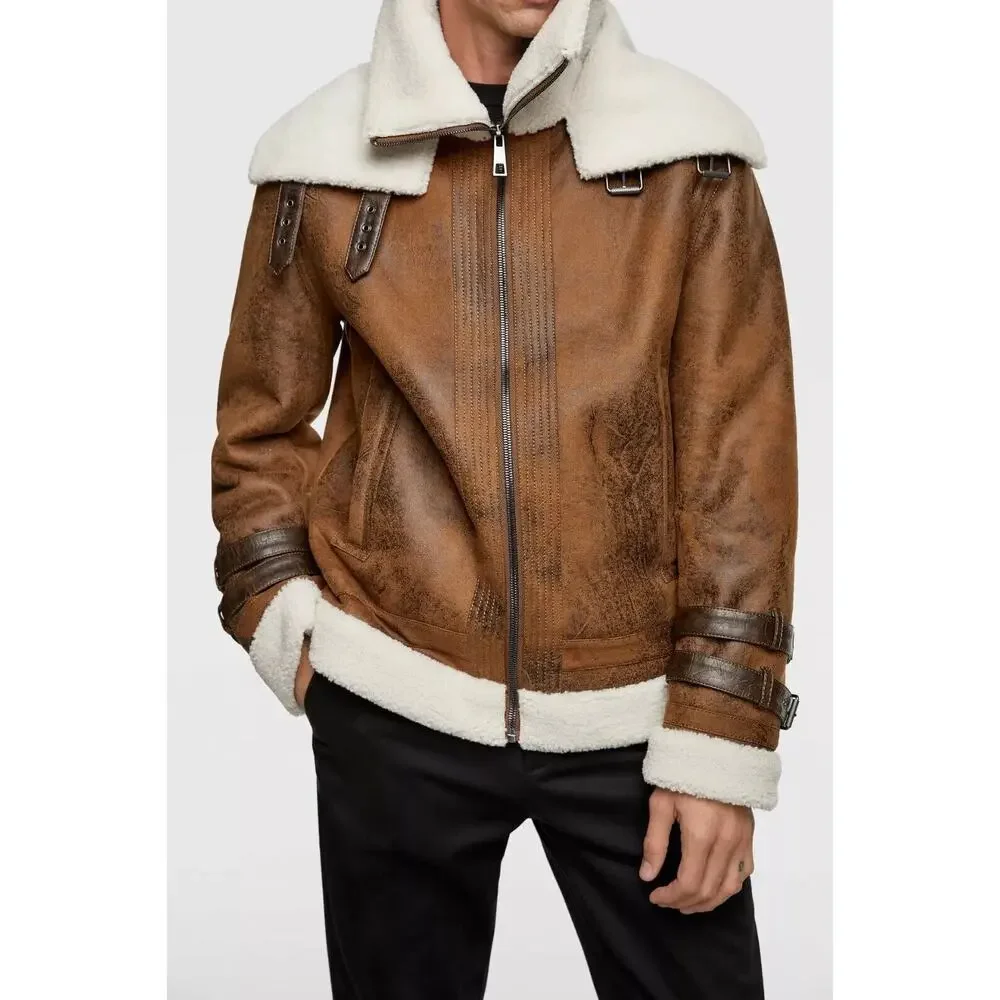 Zara Faux Leather Sherpa Lined Aviator Style Contrast Double Collar Jacket Large - Picture 2 of 13